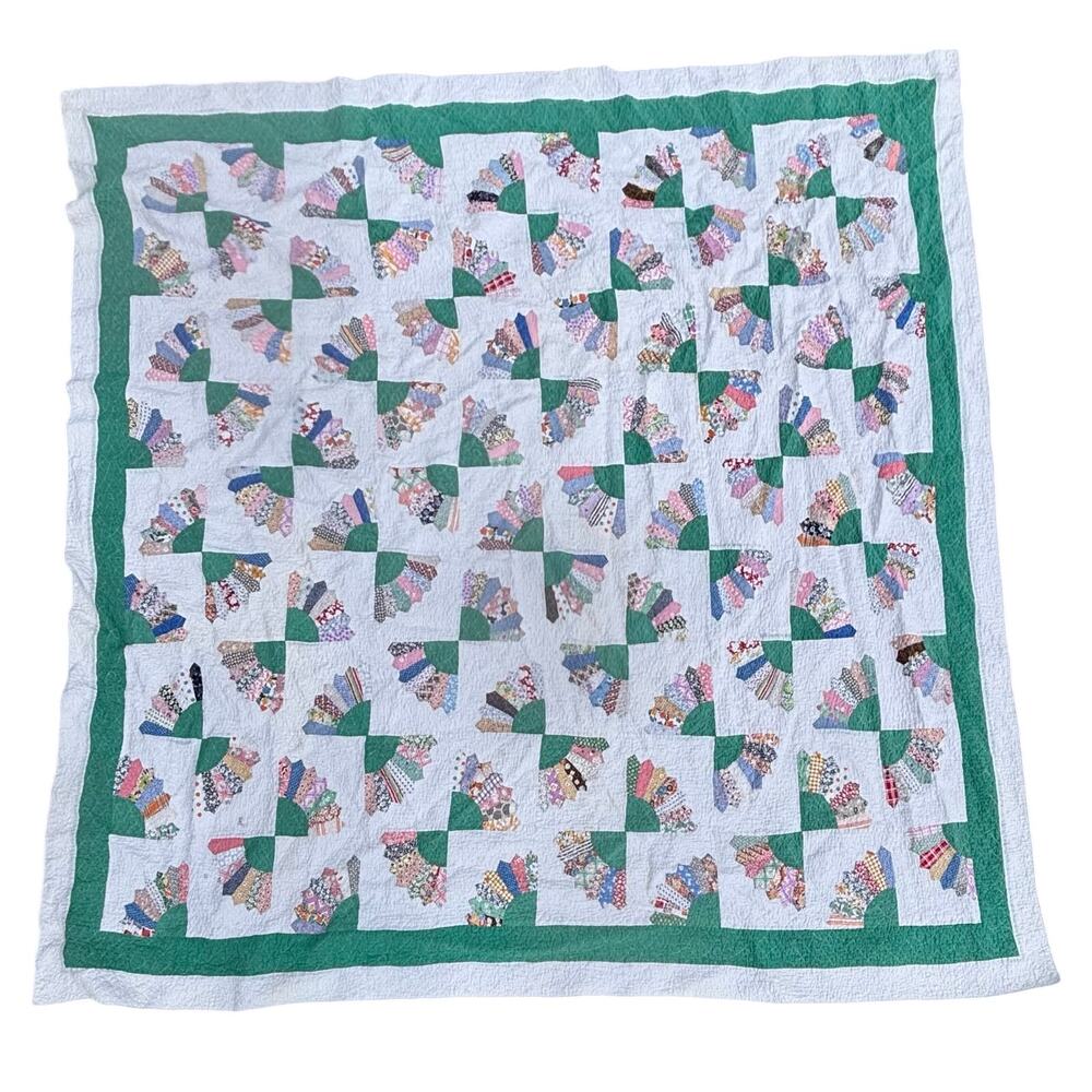 Vtg Patchwork Quilt Grandmother’s Fan Pattern 83”x76” Hand Made Feedsack? Cotton